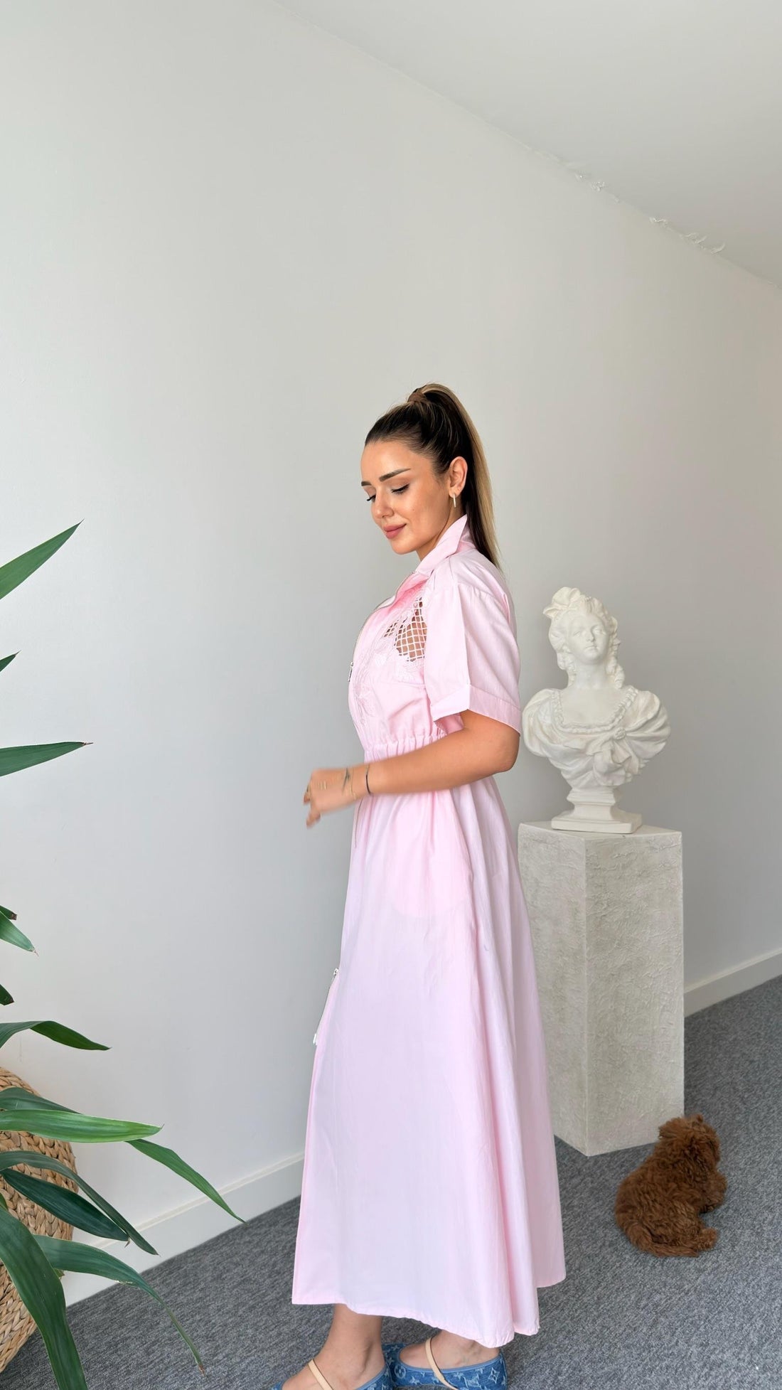 Pink Liga Embroidered Zippered Dress
