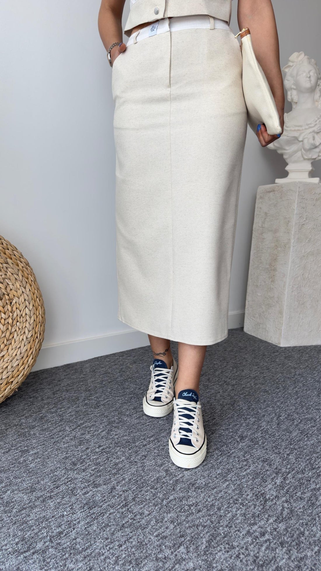 Linen Skirt with Poly Waist Detail and Back Slit