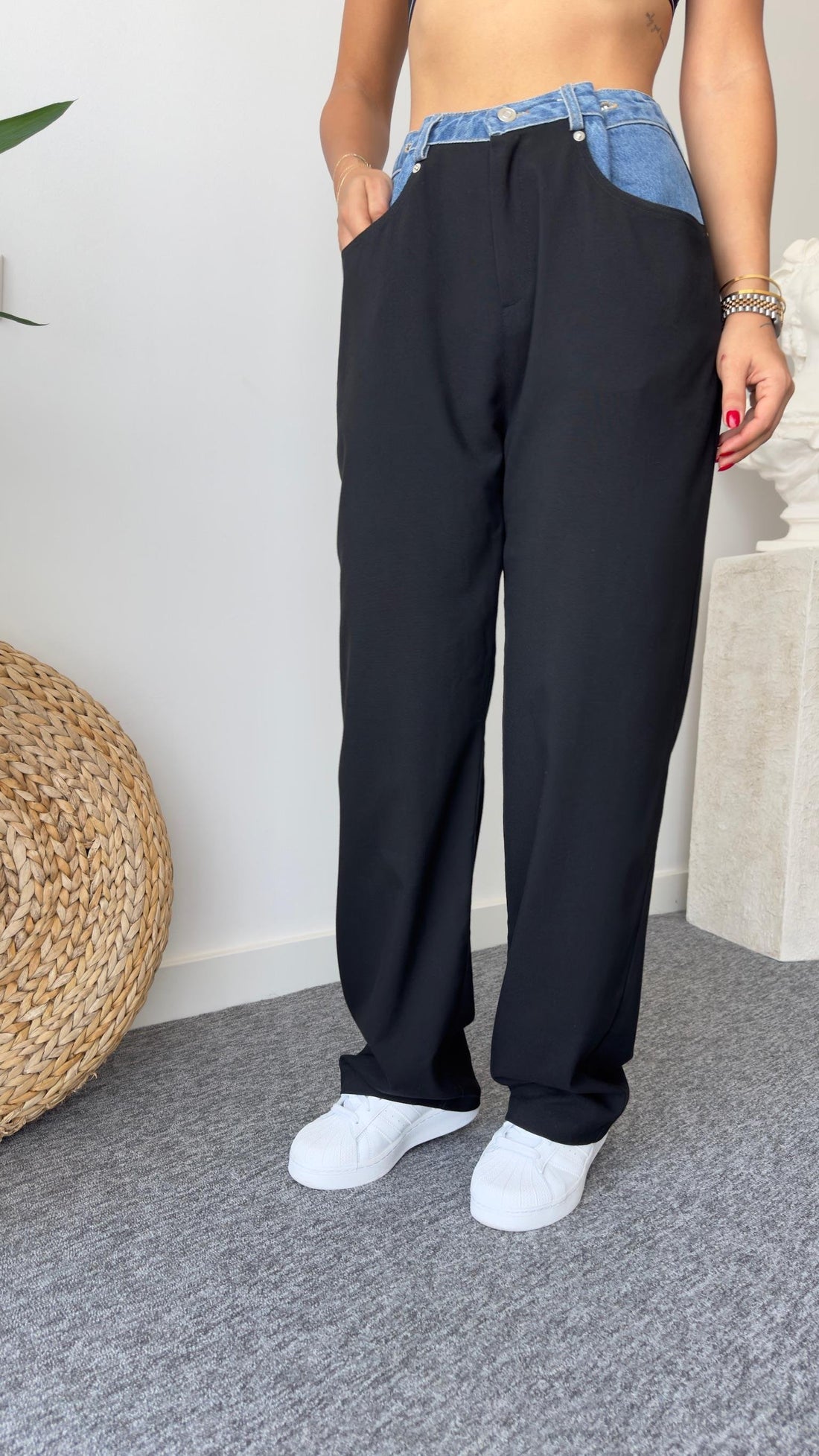 Black Trousers with Nori Waist Detail