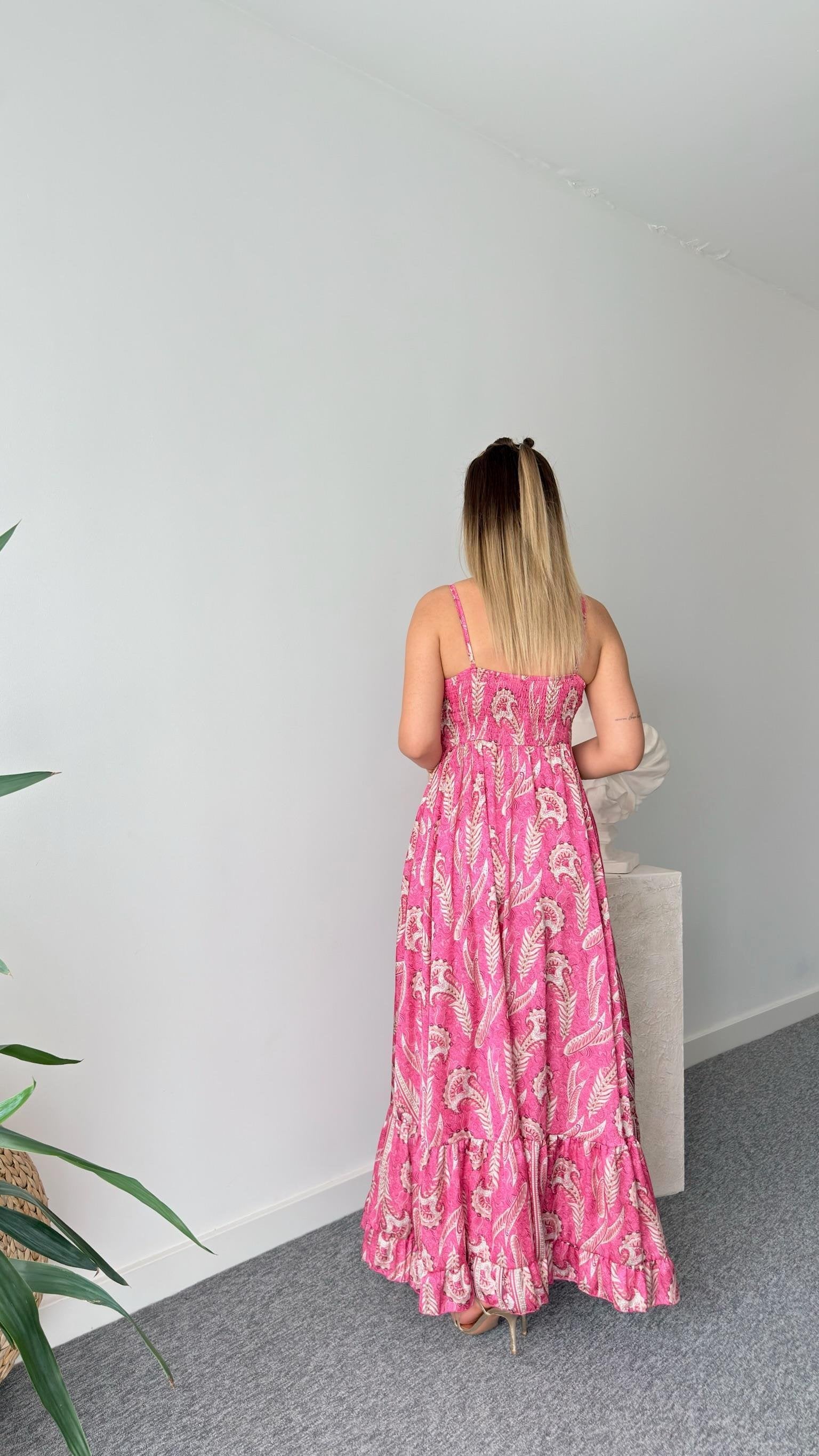 Pink Ethnic Pattern Satin Premium Dress