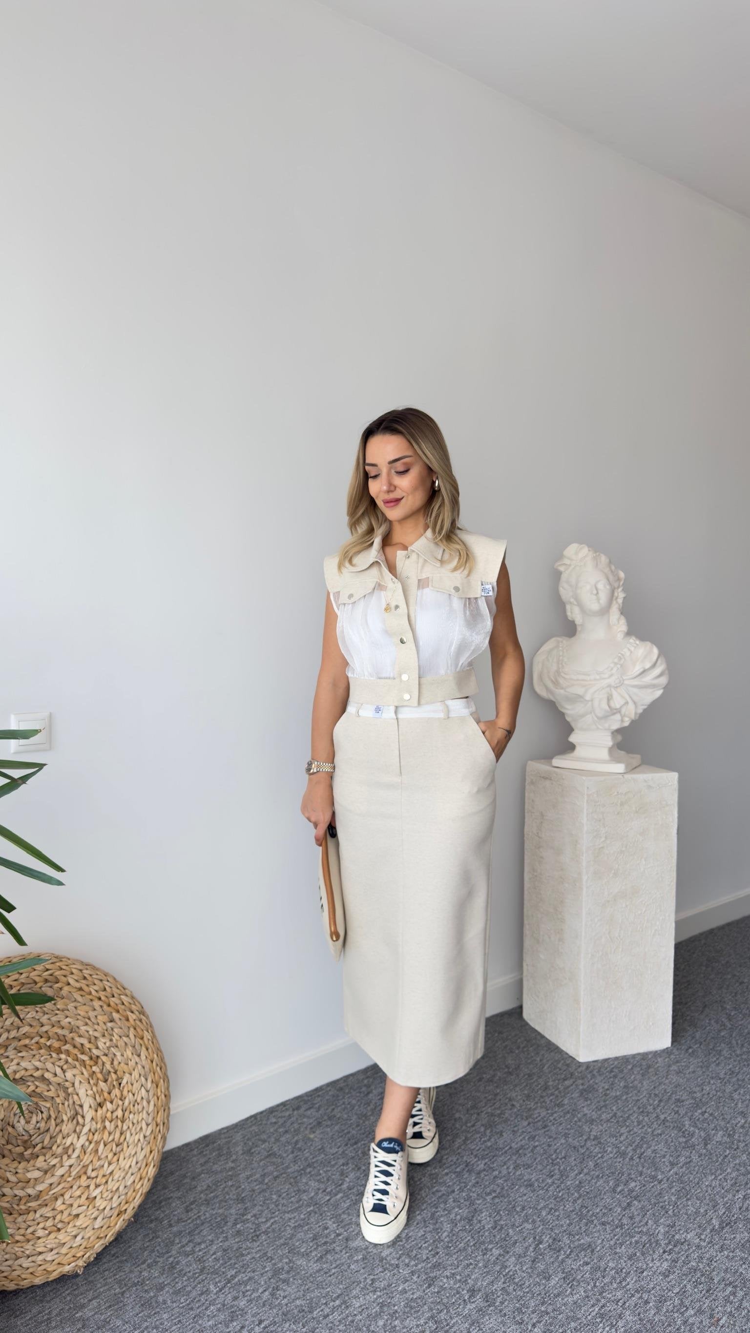 Linen Skirt with Poly Waist Detail and Back Slit