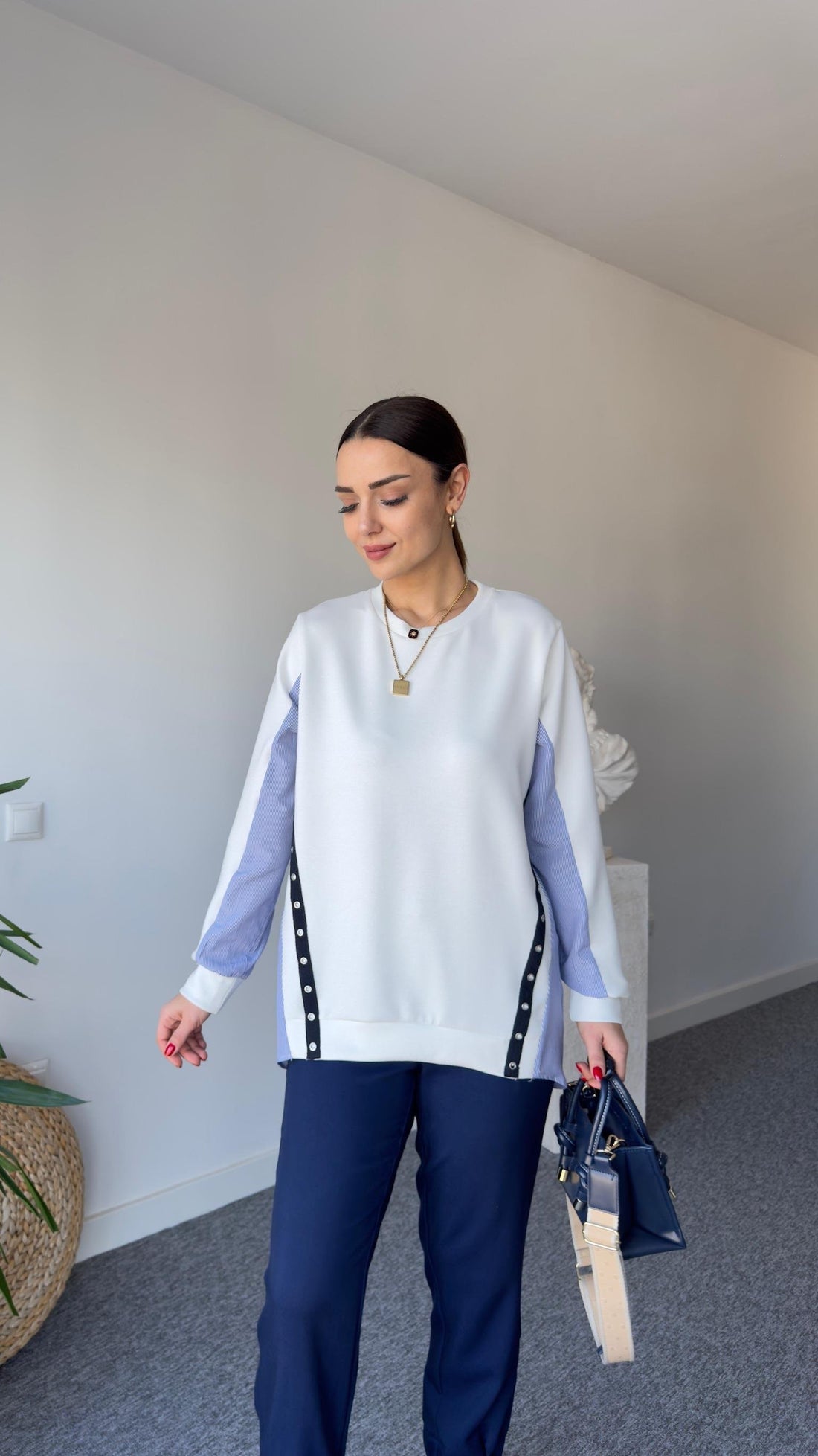 White Modal Sweater with Buttoned Back Poplin Detail