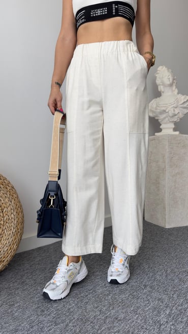 Gily Elastic Waist Beige Linen Trousers