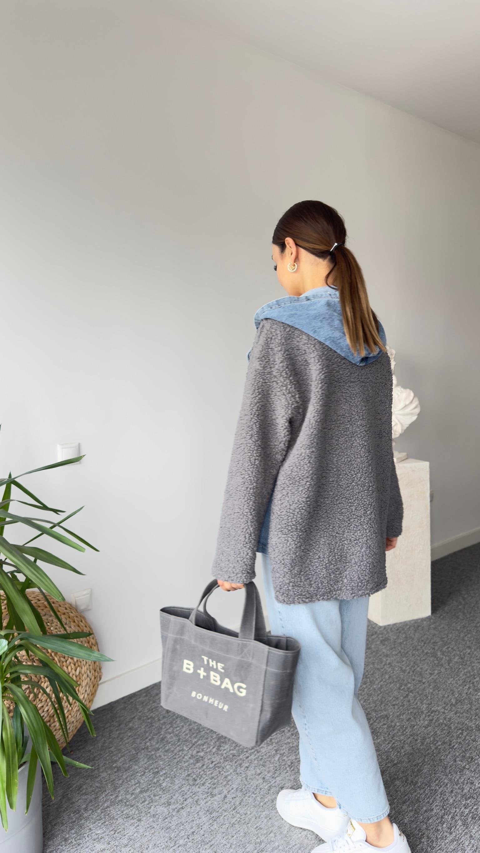 Anthracite Teddy Jacket with Denim Details