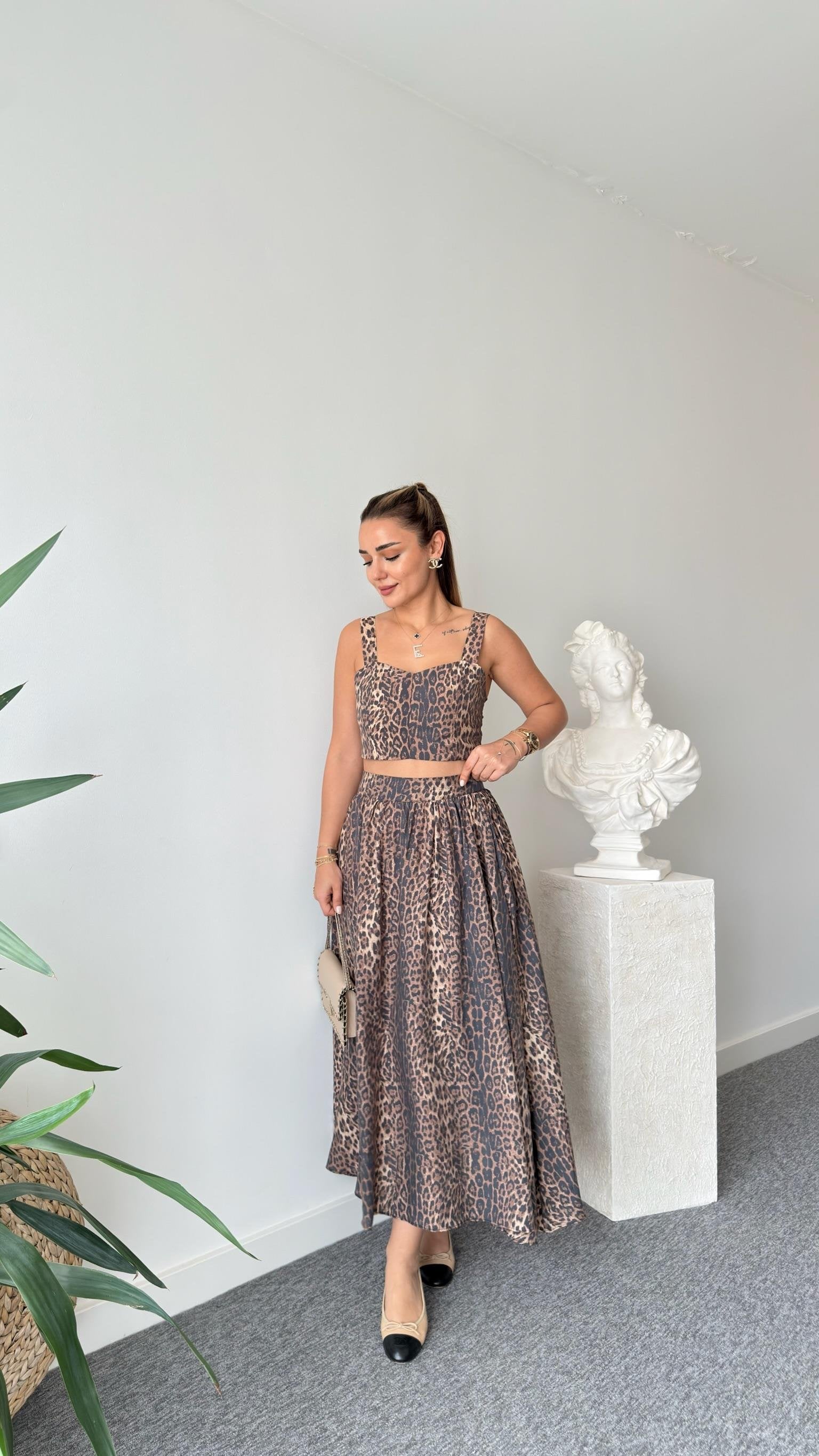 Leopard Patterned Crop Suit with Skirt