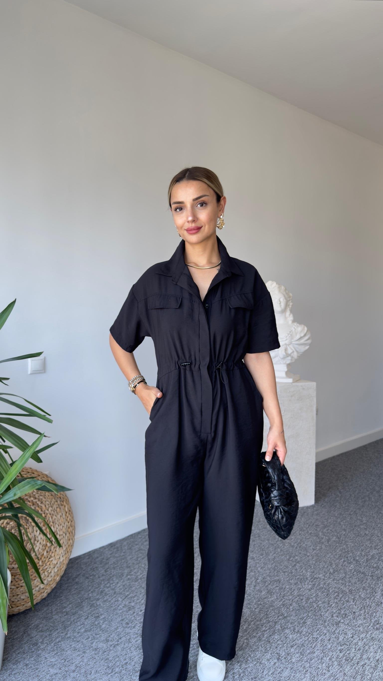 Esto Brand Model Waist Gathered Black Jumpsuit
