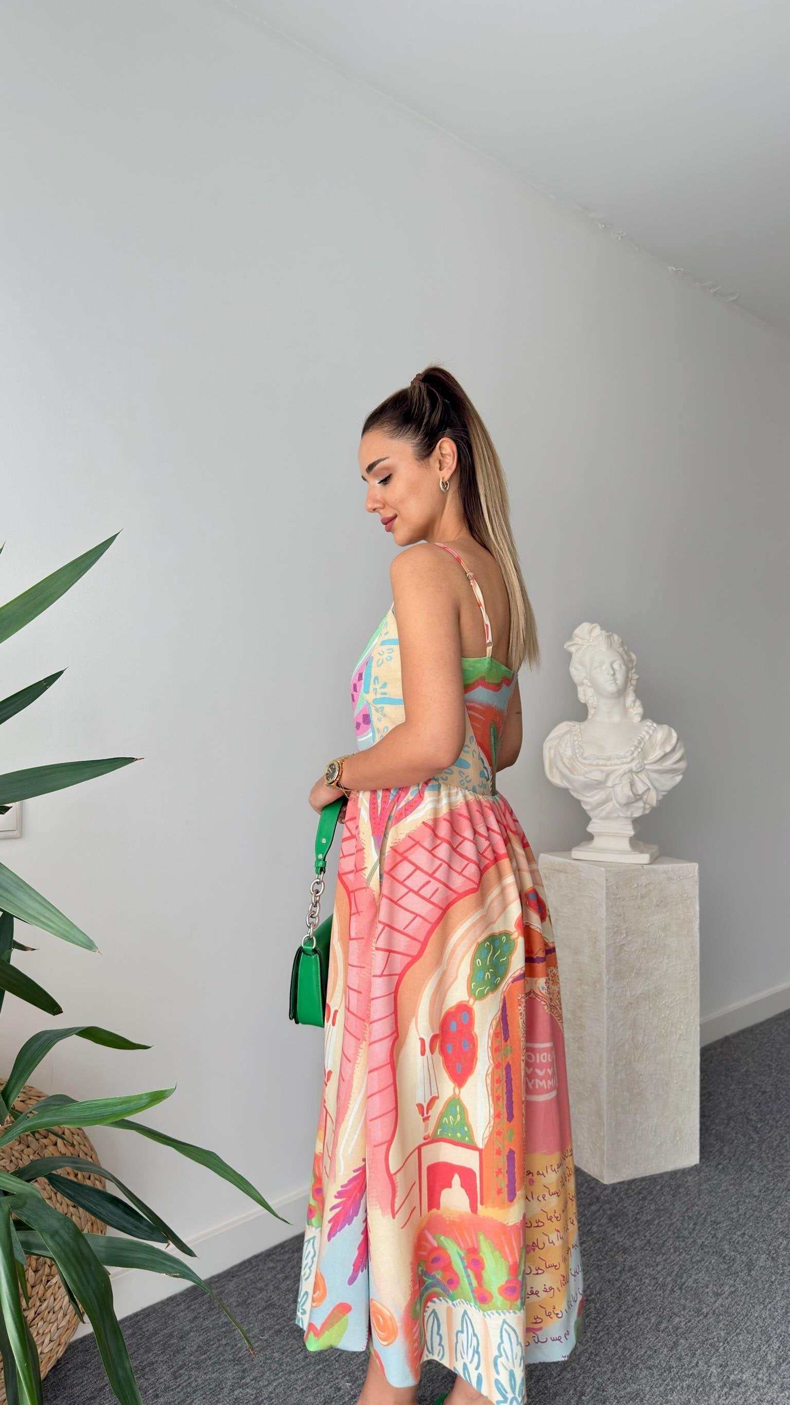 Oesto Colorful Printed Lined Linen Dress