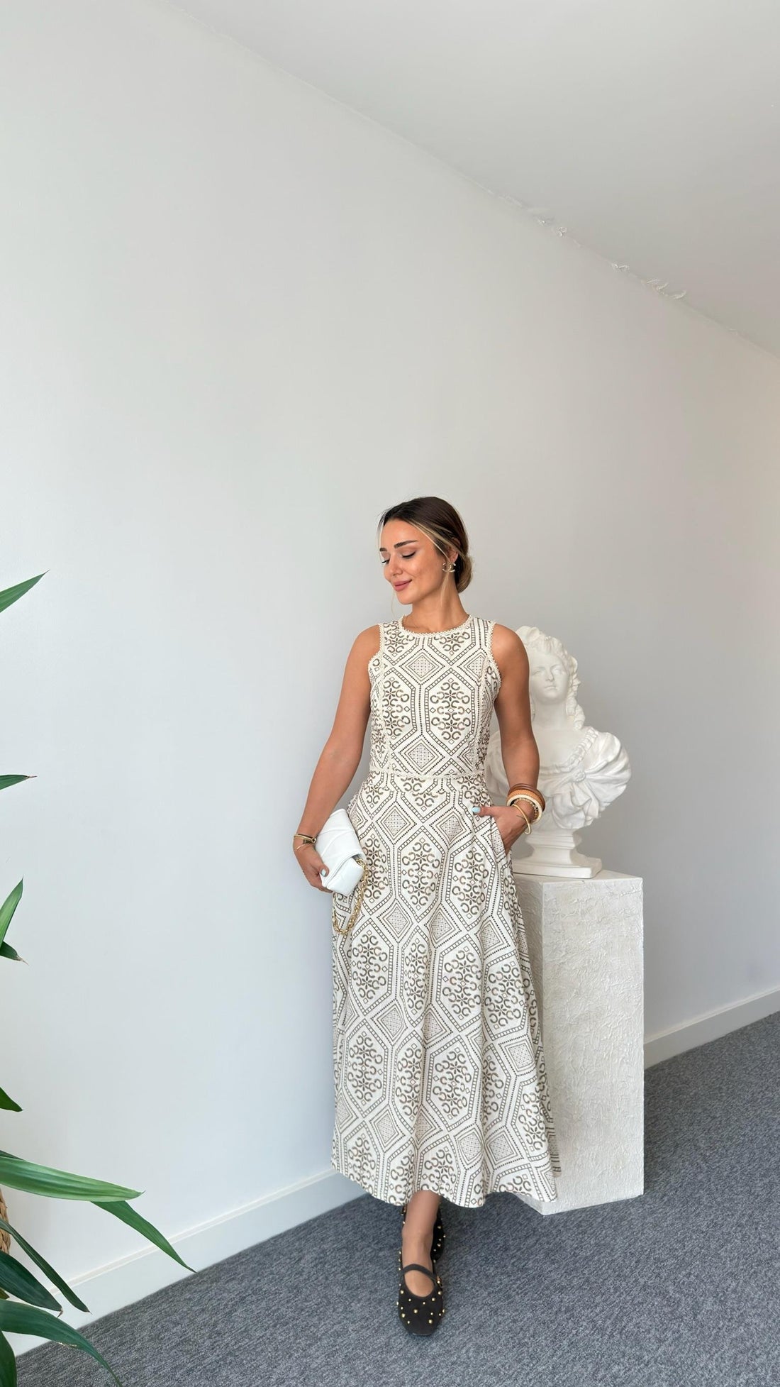 Brown Linen Patterned Skirt Suit