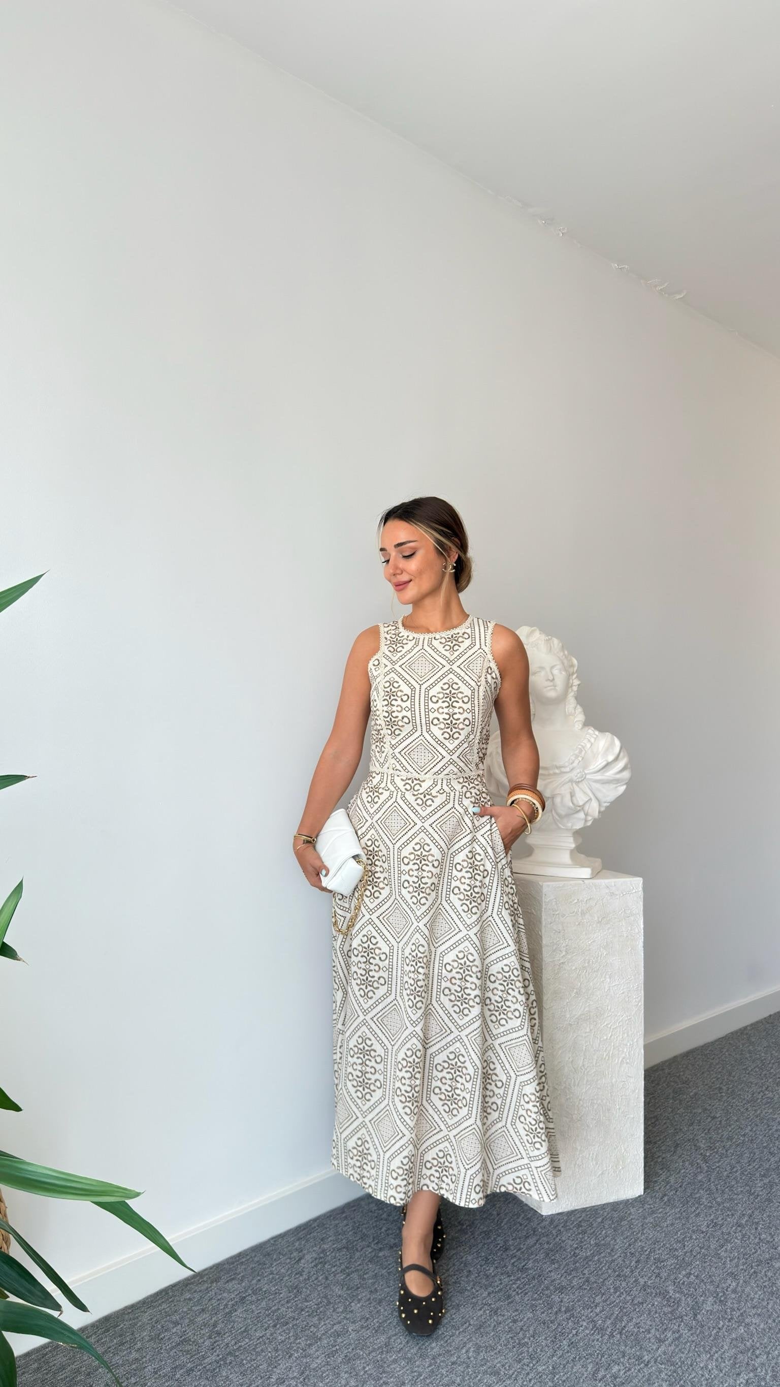Brown Linen Patterned Skirt Suit