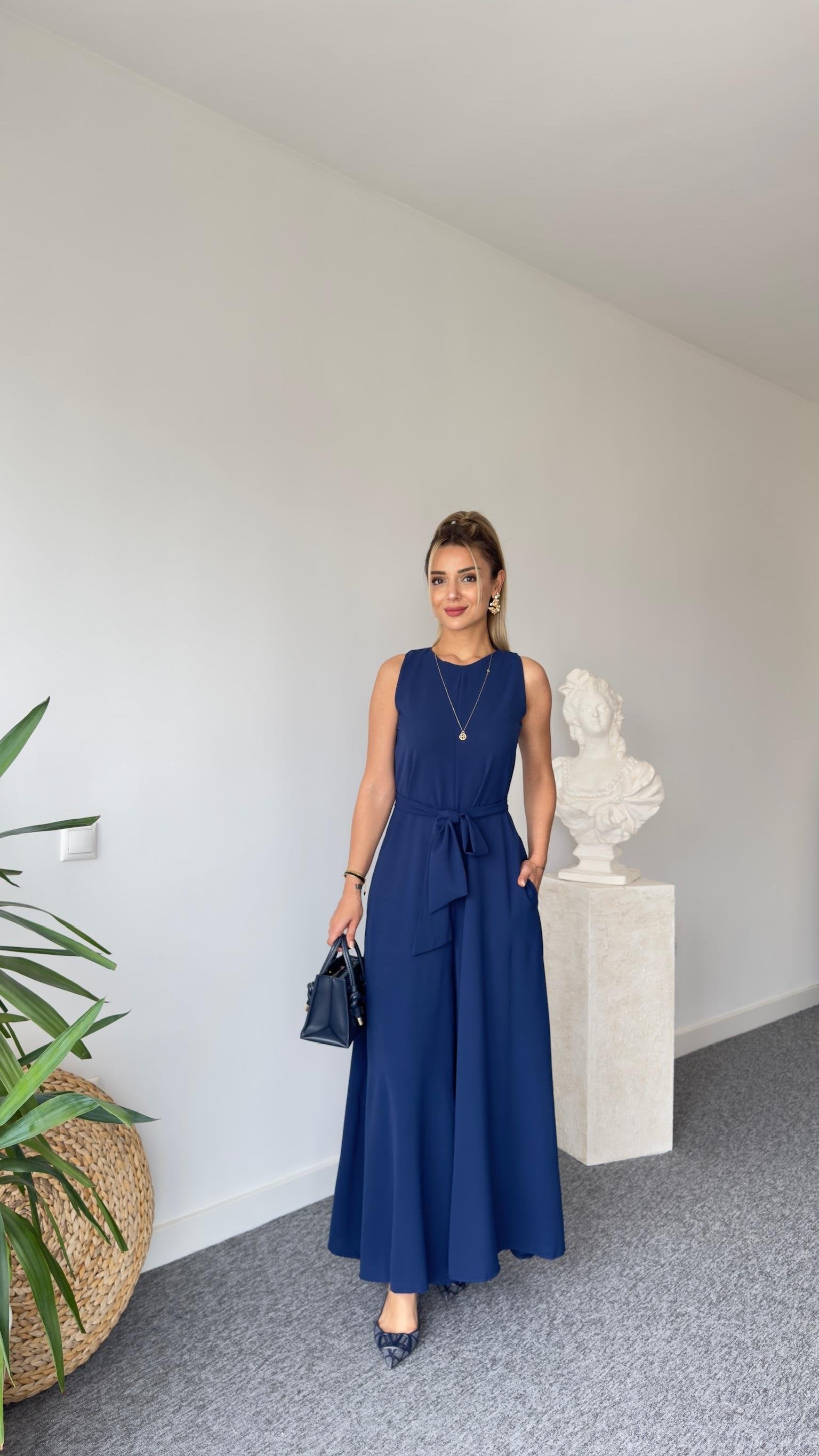 Carta Belted Navy Blue Wide Leg Jumpsuit