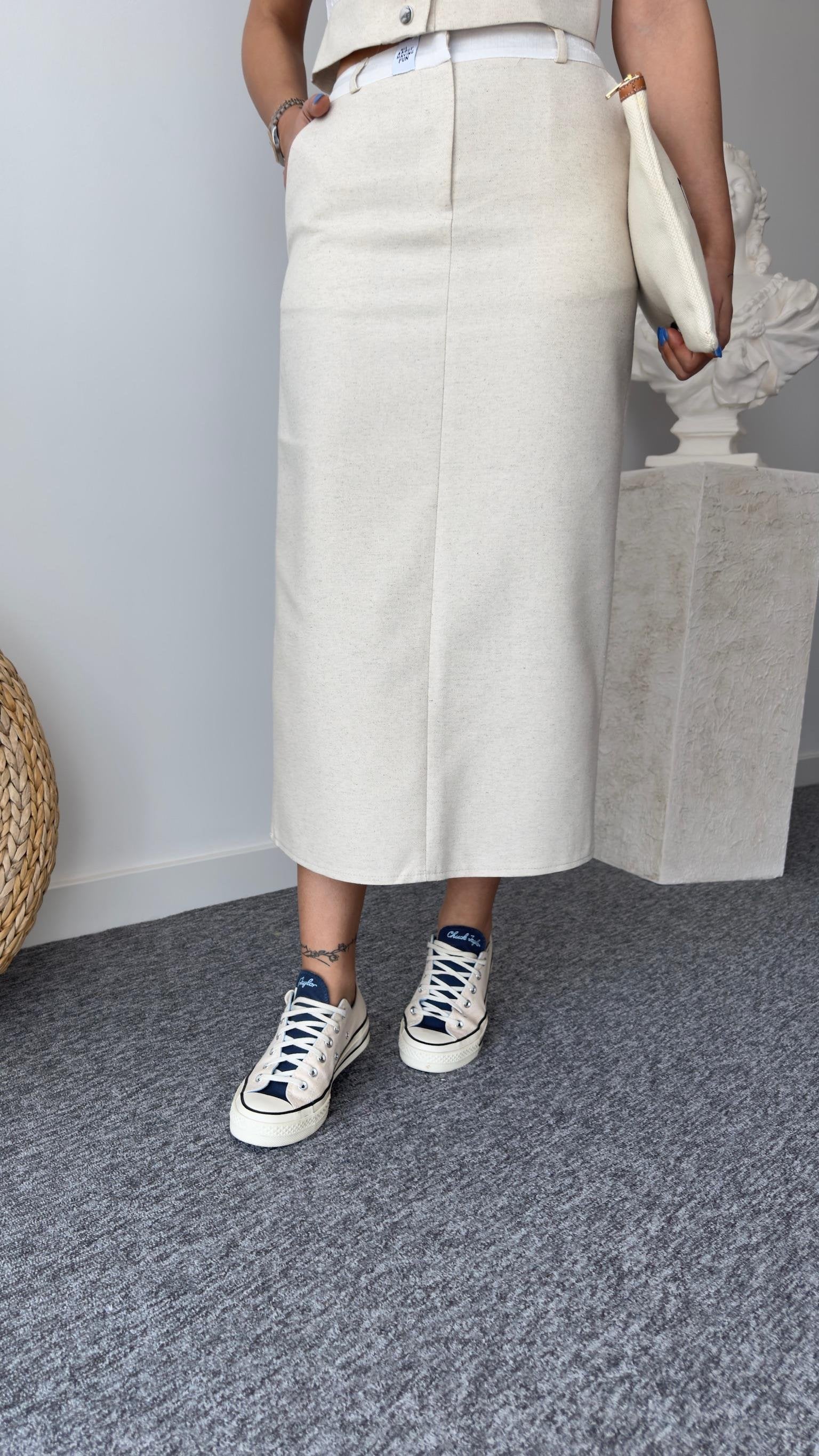 Linen Skirt with Poly Waist Detail and Back Slit