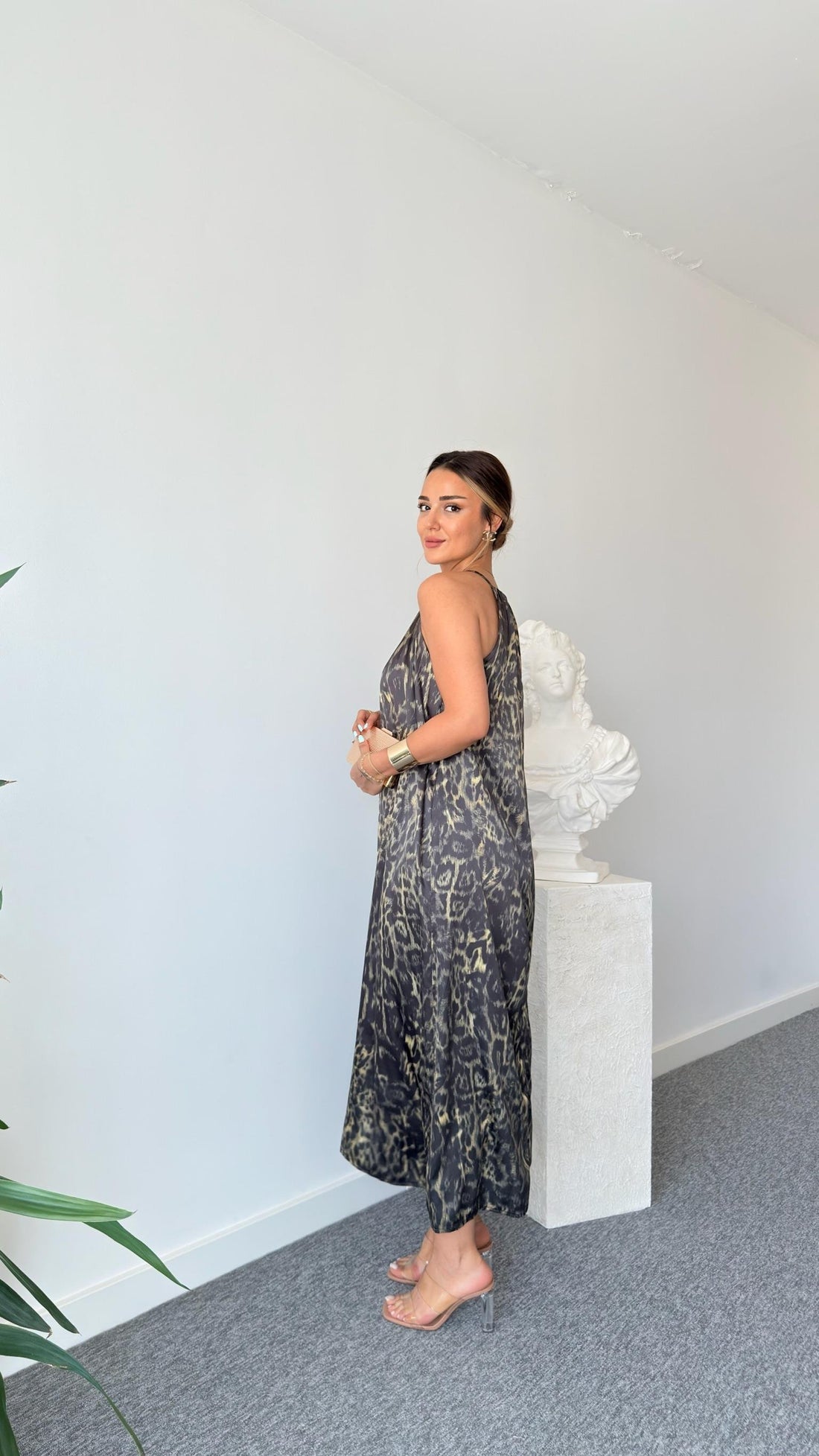 Satin Halter Neck Leopard Print Dress