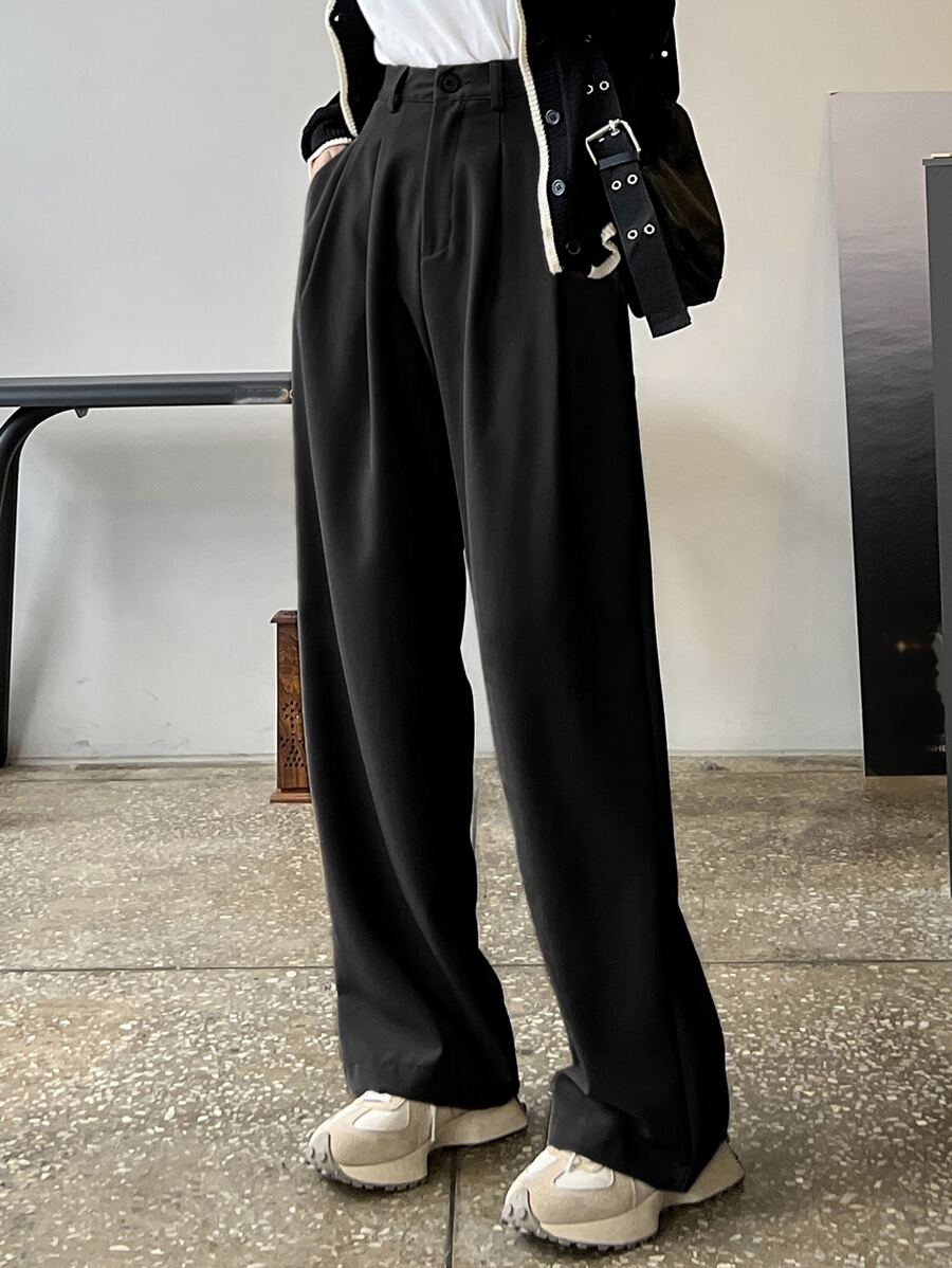 Lycrox Women's Solid Color Pleated Straight Leg Business Casual Pants - Black