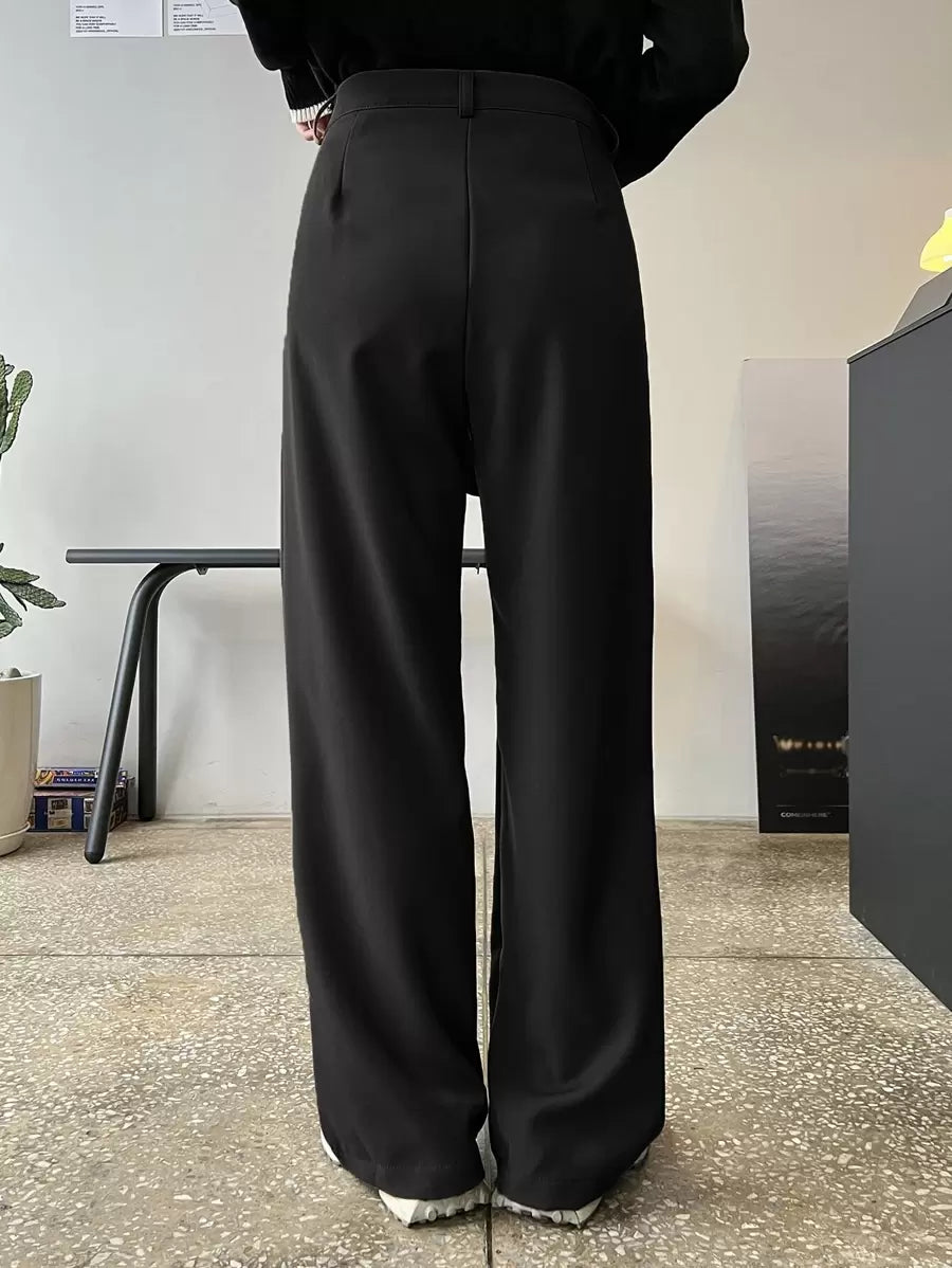 Lycrox Women's Solid Color Pleated Straight Leg Business Casual Pants - Black