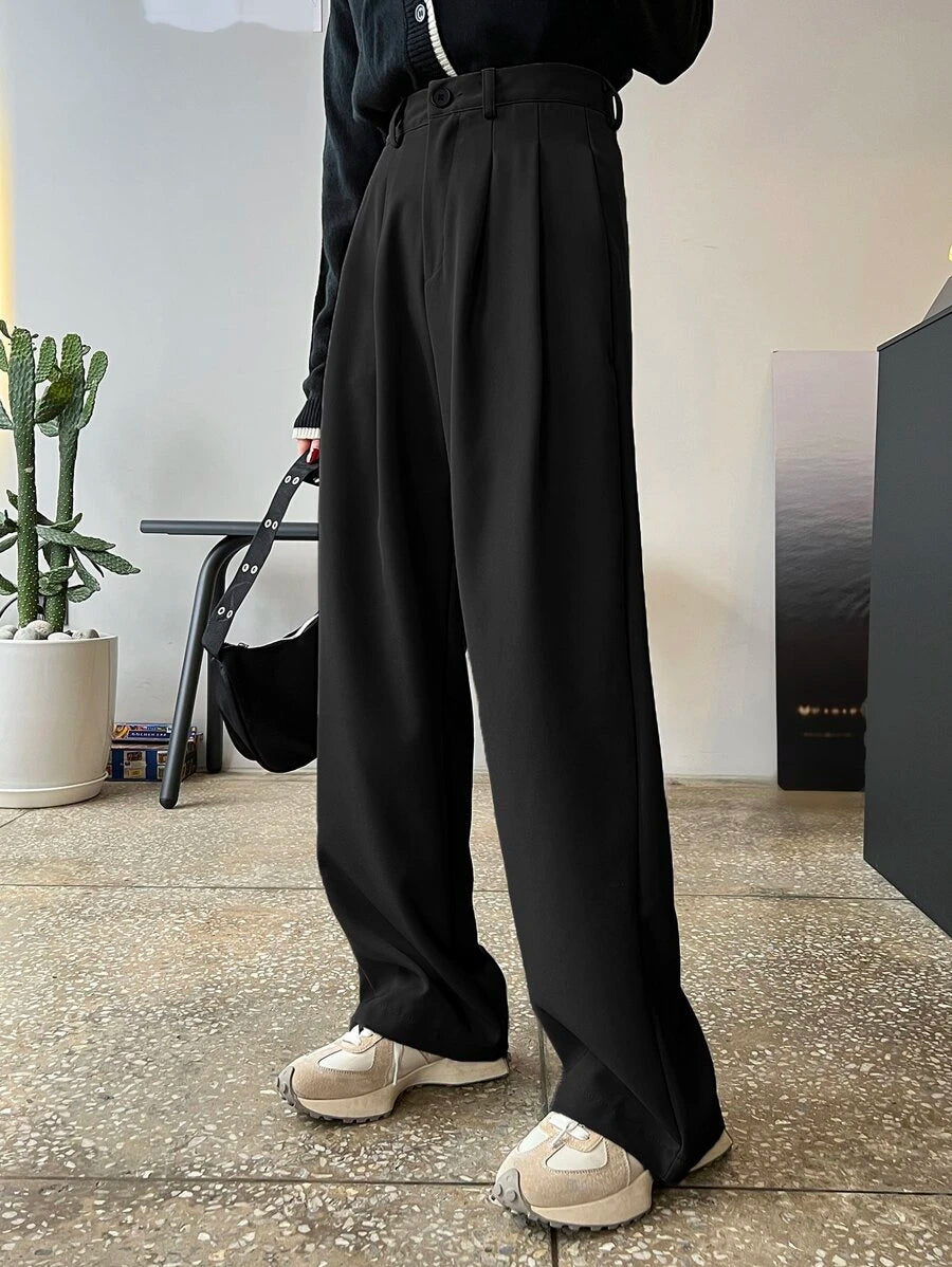 Lycrox Women's Solid Color Pleated Straight Leg Business Casual Pants - Black