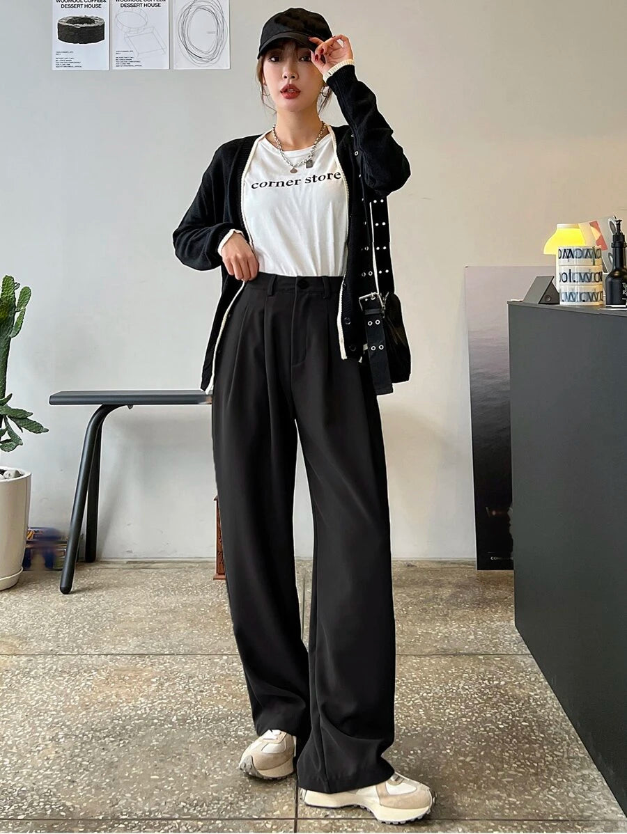 Lycrox Women's Solid Color Pleated Straight Leg Business Casual Pants - Black