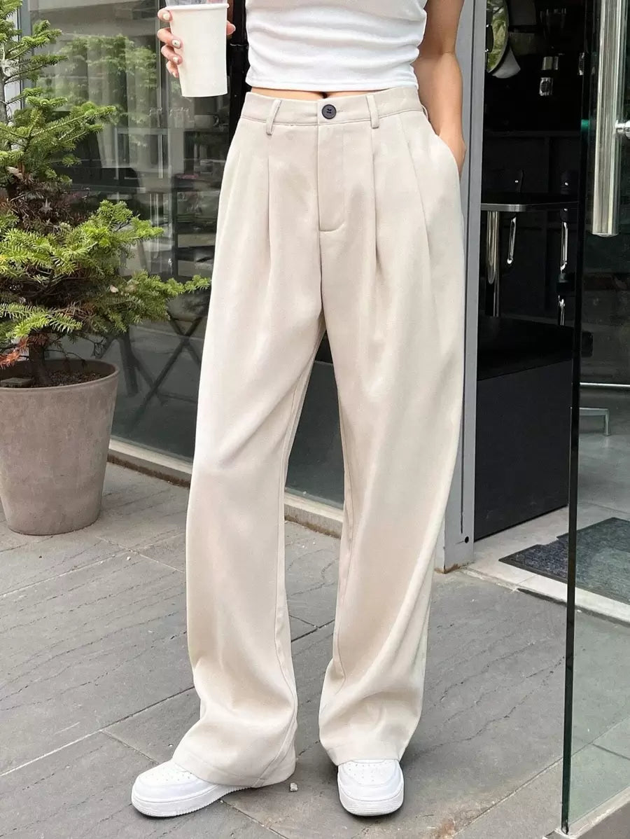Lycrox women's solid color pleated straight leg business casual pants - Beige
