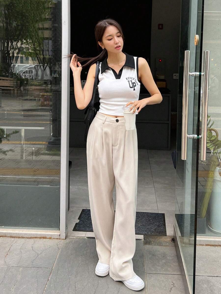 Lycrox women's solid color pleated straight leg business casual pants - Beige