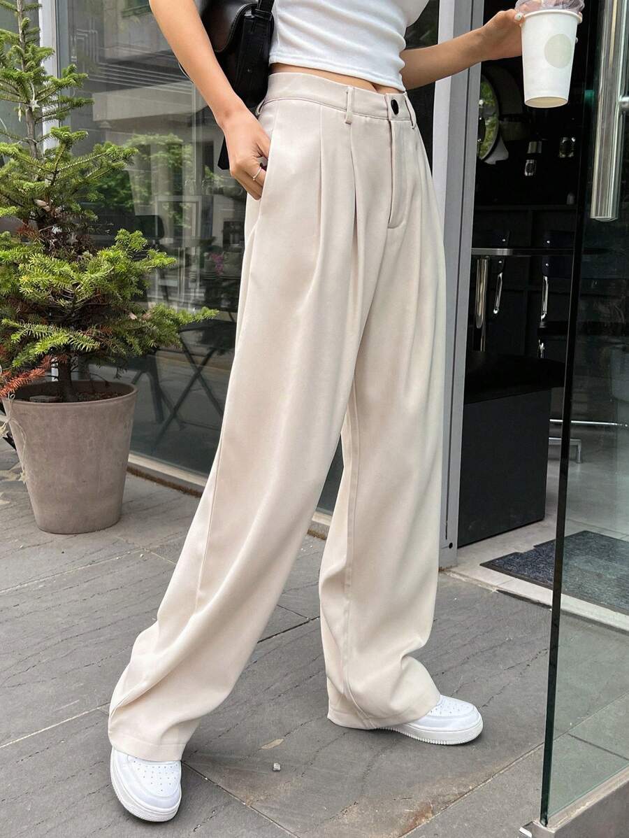 Lycrox women's solid color pleated straight leg business casual pants - Beige