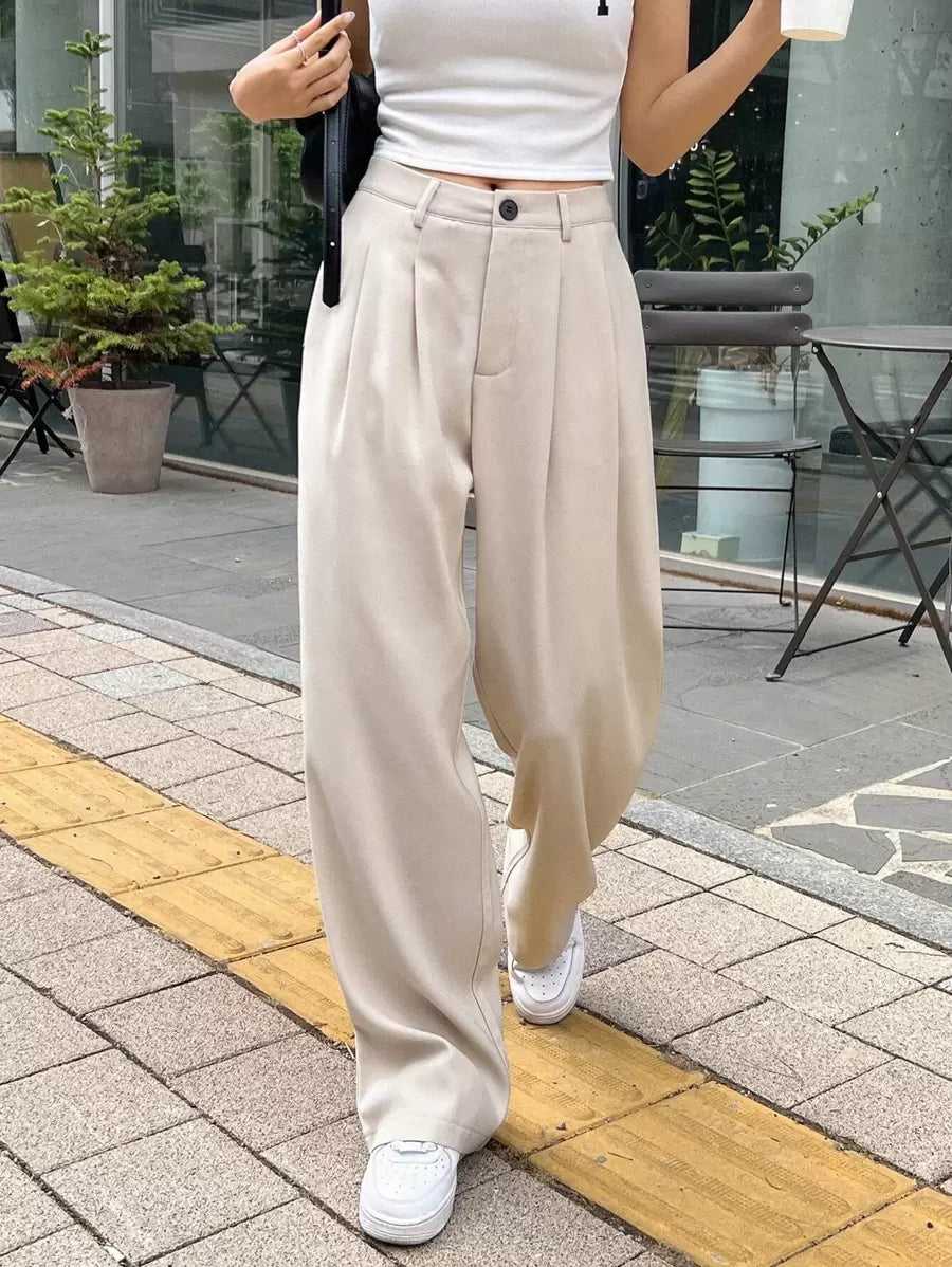 Lycrox women's solid color pleated straight leg business casual pants - Beige