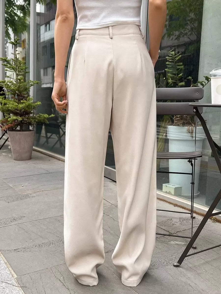 Lycrox women's solid color pleated straight leg business casual pants - Beige