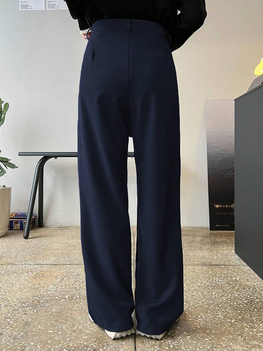 Lycrox Women's Solid Color Pleated Straight Leg Business Casual Pants - Navy Blue