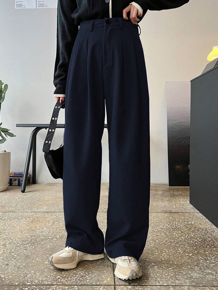 Lycrox Women's Solid Color Pleated Straight Leg Business Casual Pants - Navy Blue
