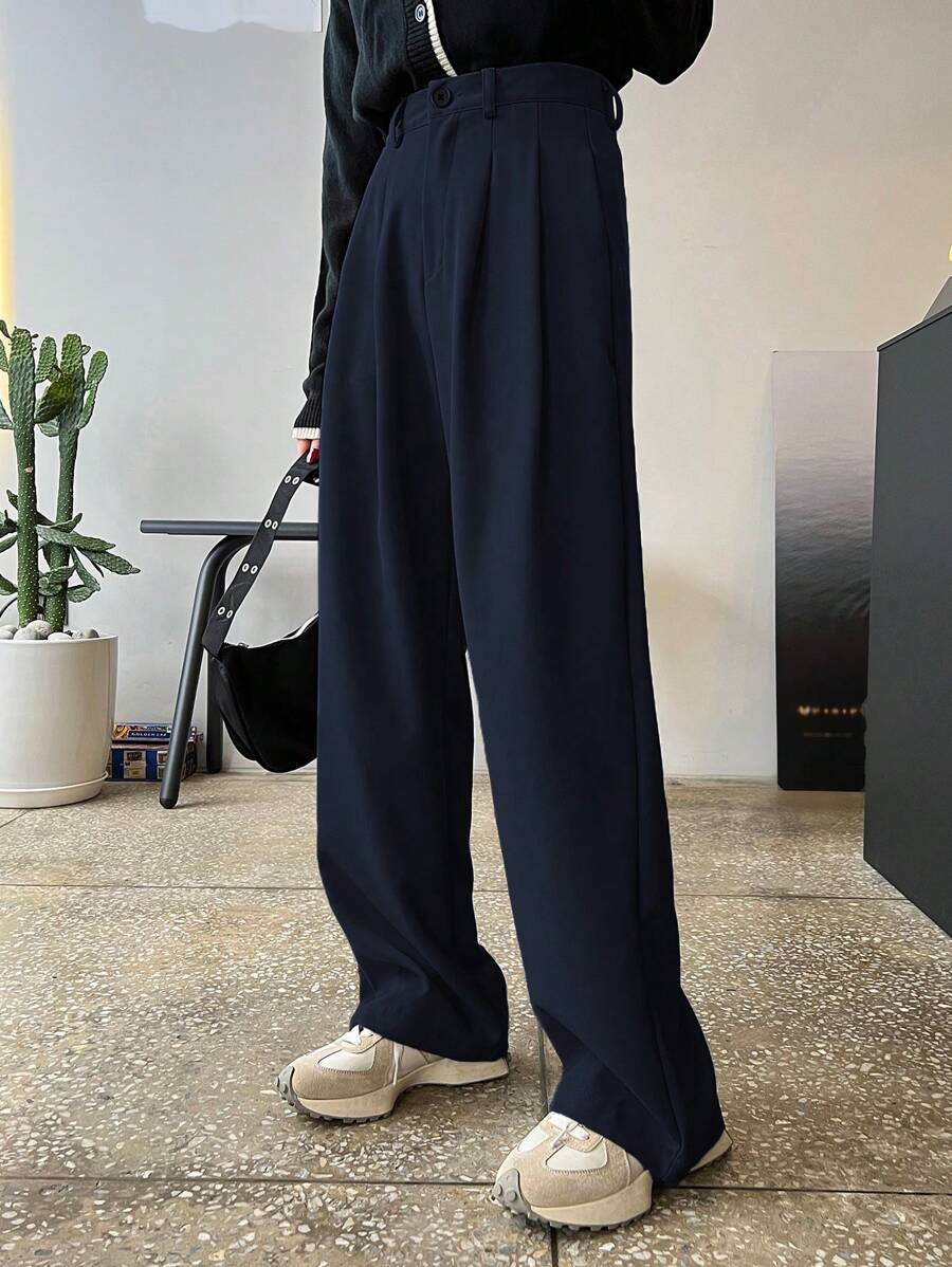 Lycrox Women's Solid Color Pleated Straight Leg Business Casual Pants - Navy Blue