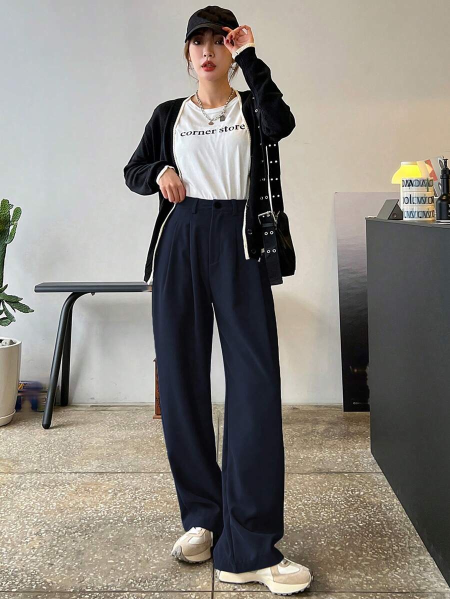 Lycrox Women's Solid Color Pleated Straight Leg Business Casual Pants - Navy Blue