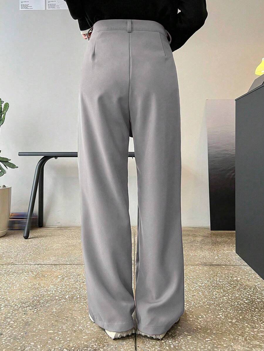 Lycrox Women's Solid Color Pleated Straight Leg Business Casual Pants - Grey