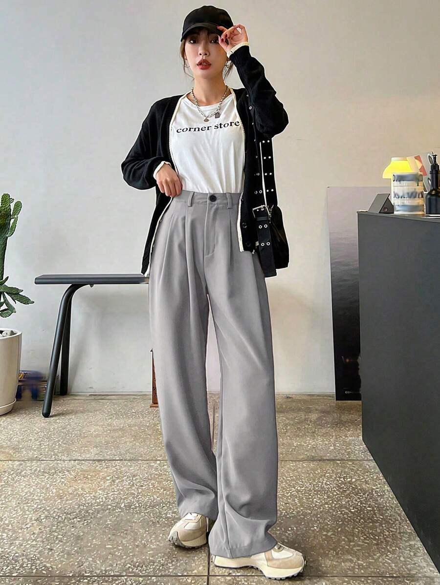 Lycrox Women's Solid Color Pleated Straight Leg Business Casual Pants - Grey