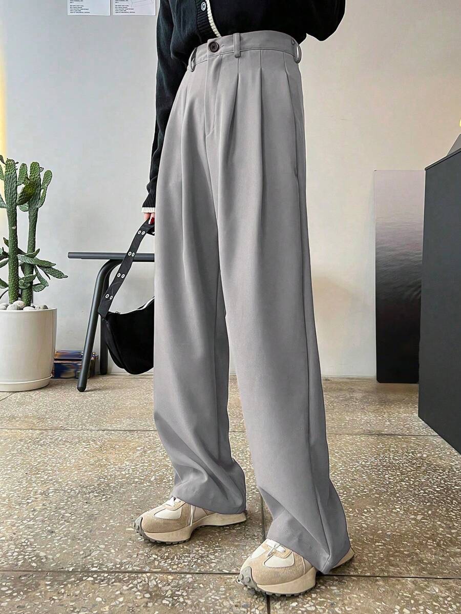 Lycrox Women's Solid Color Pleated Straight Leg Business Casual Pants - Grey