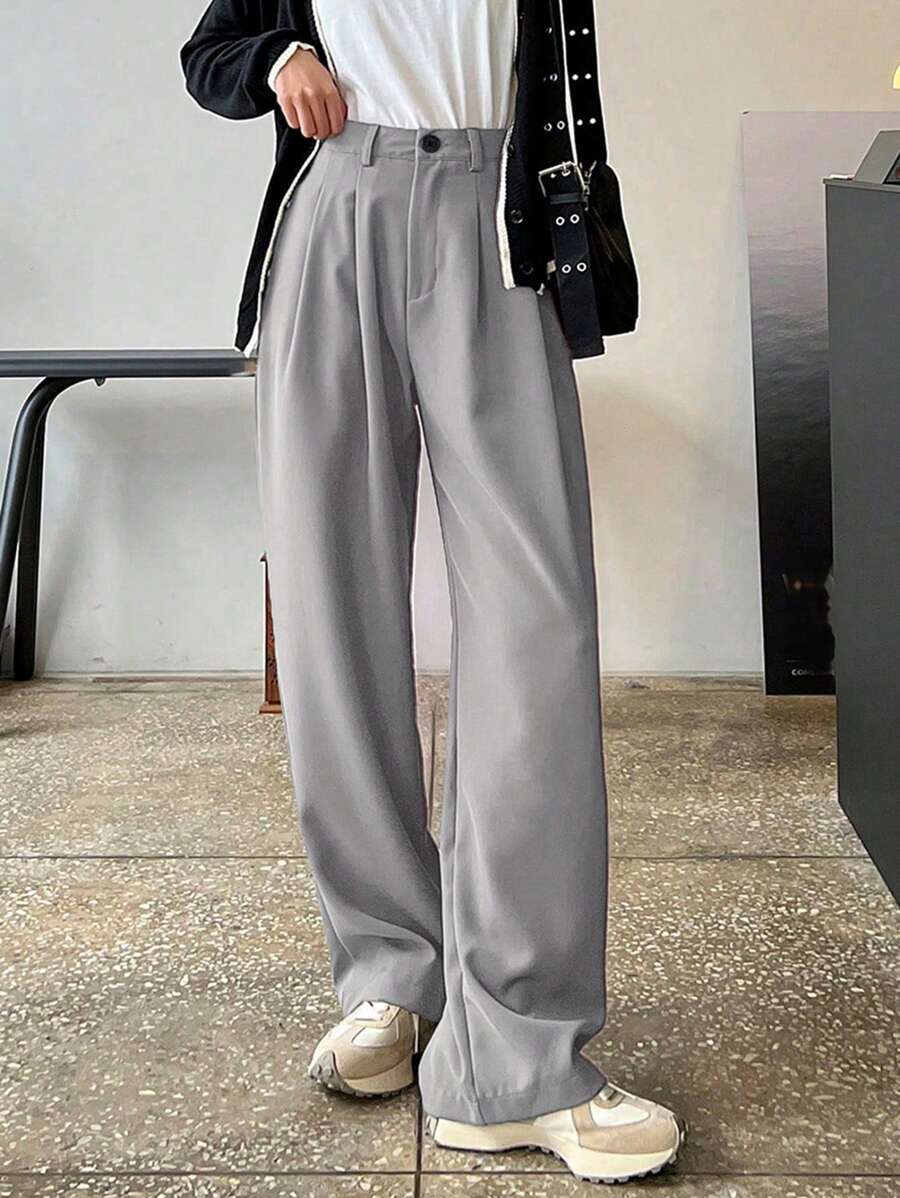 Lycrox Women's Solid Color Pleated Straight Leg Business Casual Pants - Grey