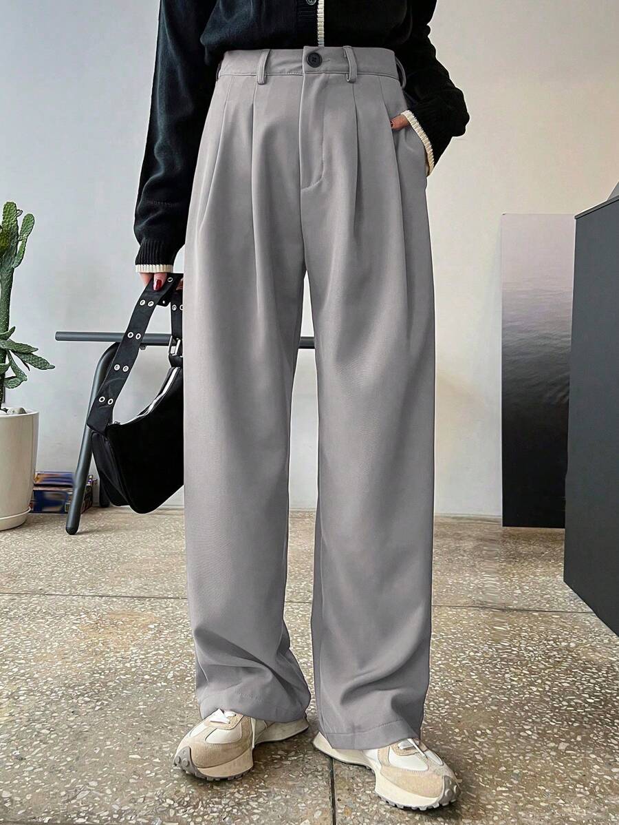 Lycrox Women's Solid Color Pleated Straight Leg Business Casual Pants - Grey