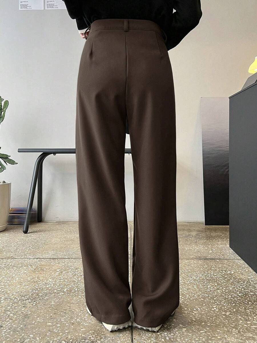 Lycrox Women's Solid Color Pleated Straight Leg Business Casual Pants - Brown