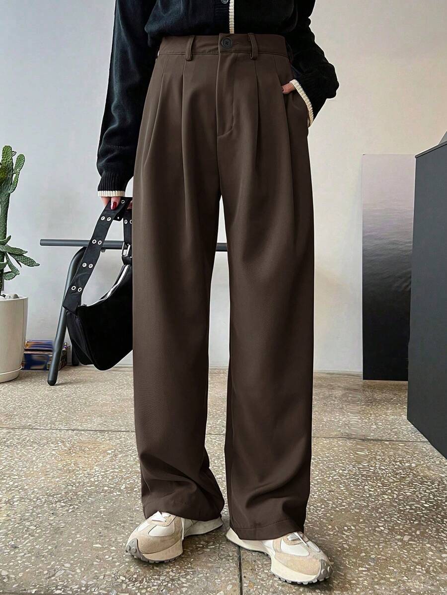 Lycrox Women's Solid Color Pleated Straight Leg Business Casual Pants - Brown