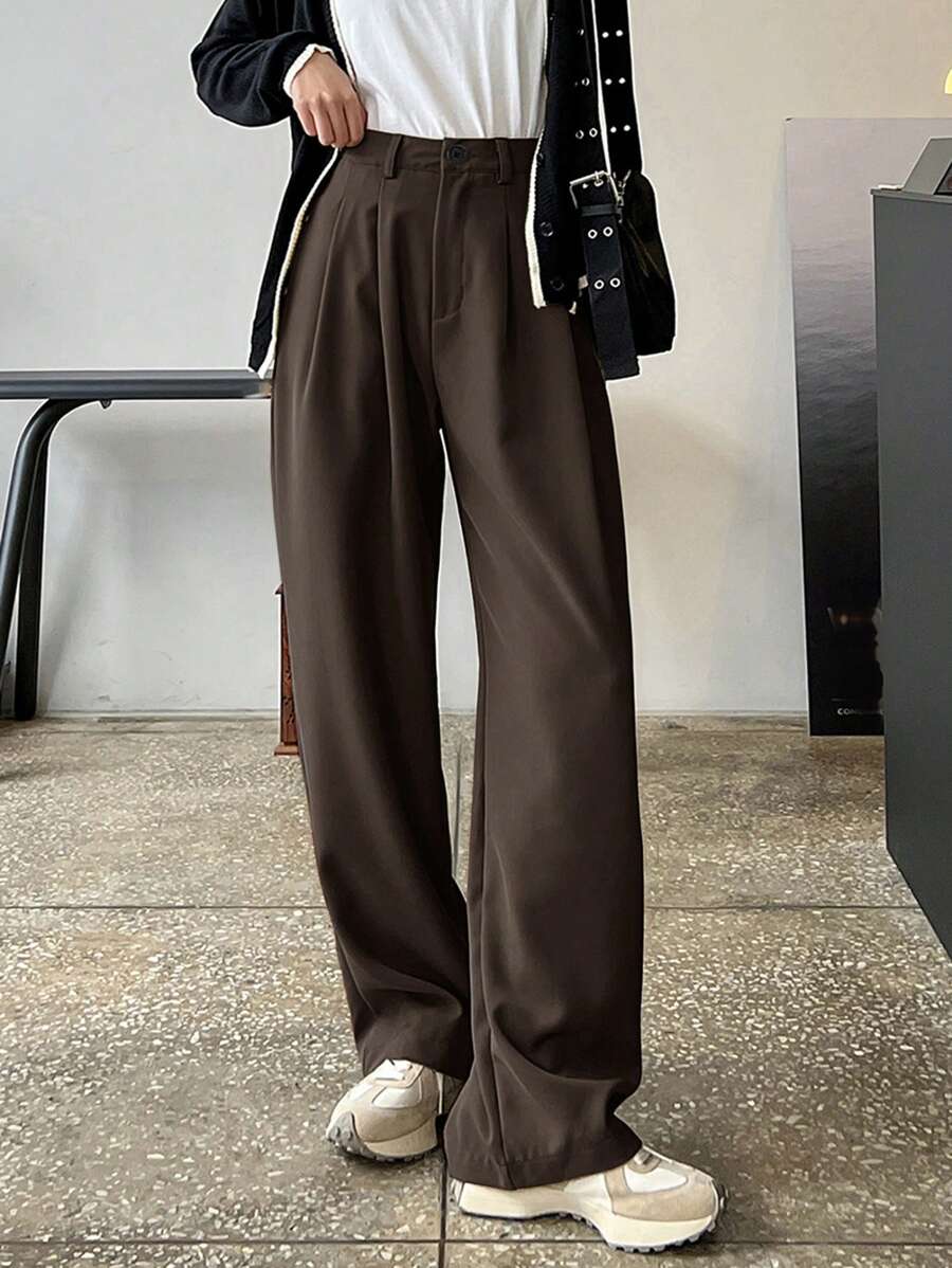 Lycrox Women's Solid Color Pleated Straight Leg Business Casual Pants - Brown