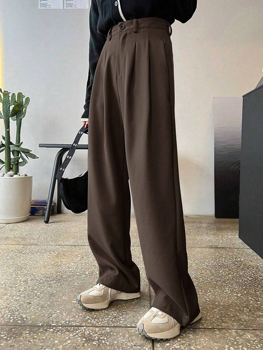 Lycrox Women's Solid Color Pleated Straight Leg Business Casual Pants - Brown