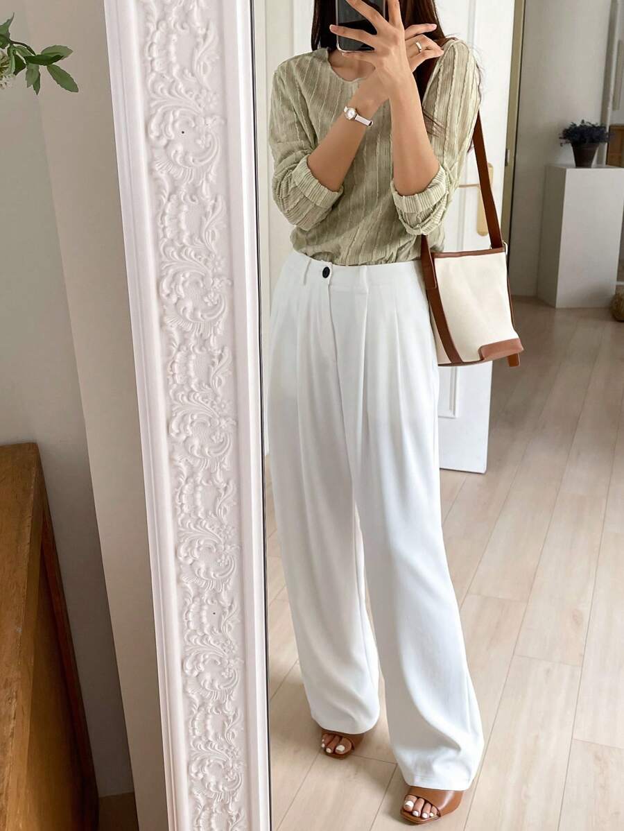 Lycrox Women's Solid Color Pleated Straight Leg Business Casual Pant - White