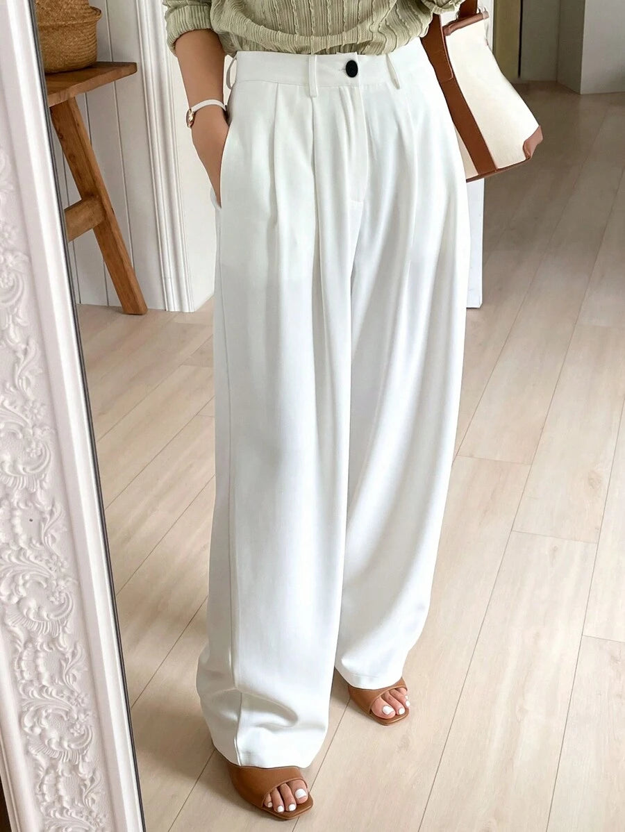 Lycrox Women's Solid Color Pleated Straight Leg Business Casual Pant - White