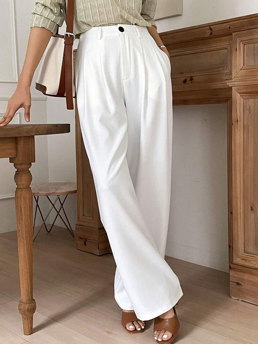 Lycrox Women's Solid Color Pleated Straight Leg Business Casual Pant - White