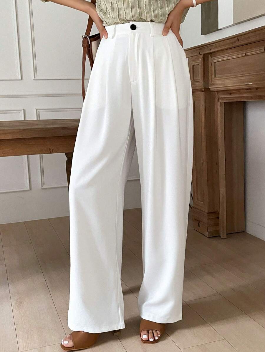 Lycrox Women's Solid Color Pleated Straight Leg Business Casual Pant - White