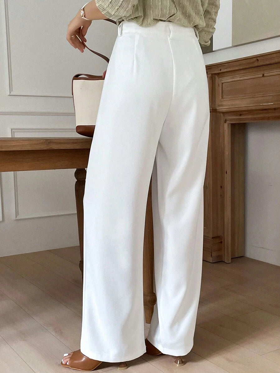 Lycrox Women's Solid Color Pleated Straight Leg Business Casual Pant - White