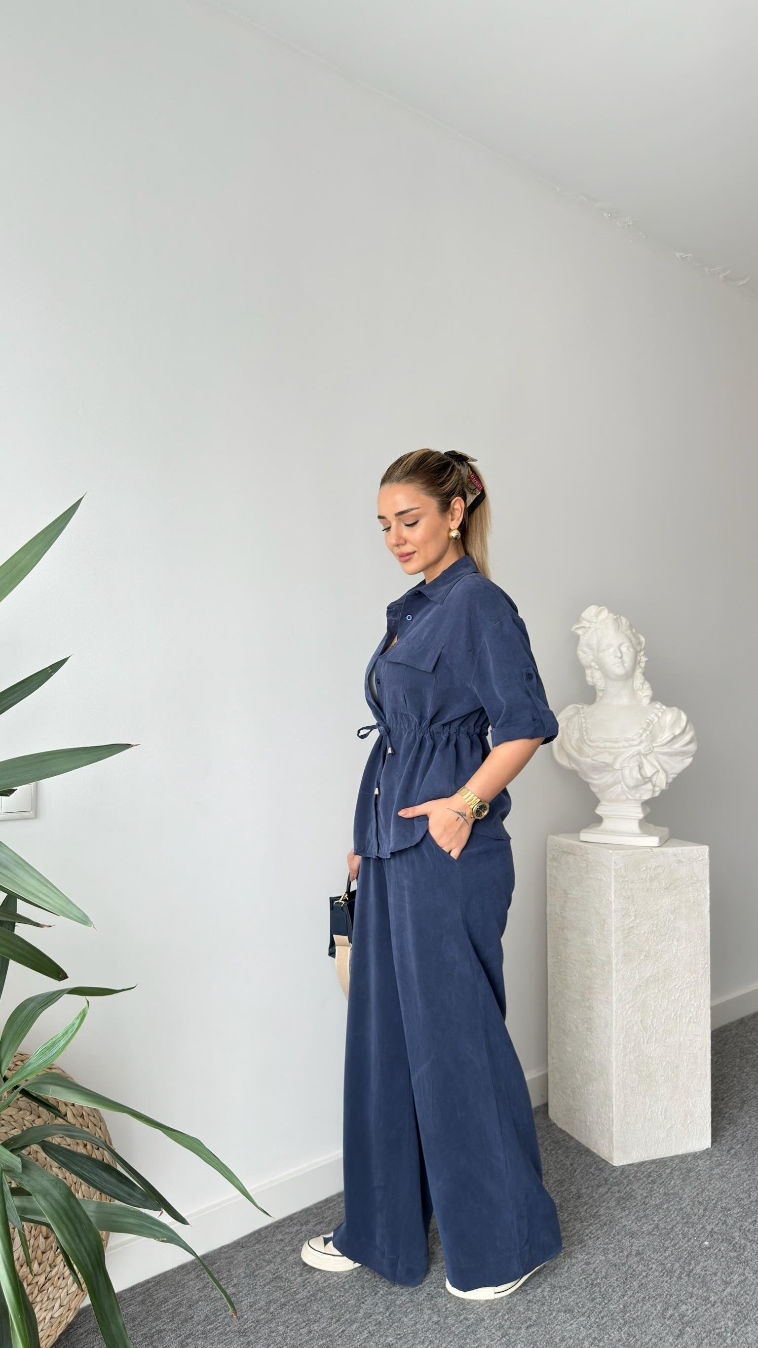 Navy Blue Neva Waist Pleated Tencel Suit