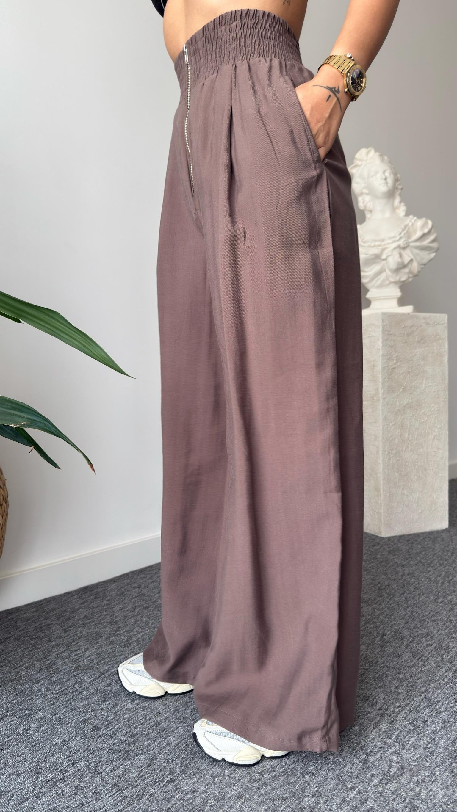 Brown Blue Zipper Detailed Tencel Suit