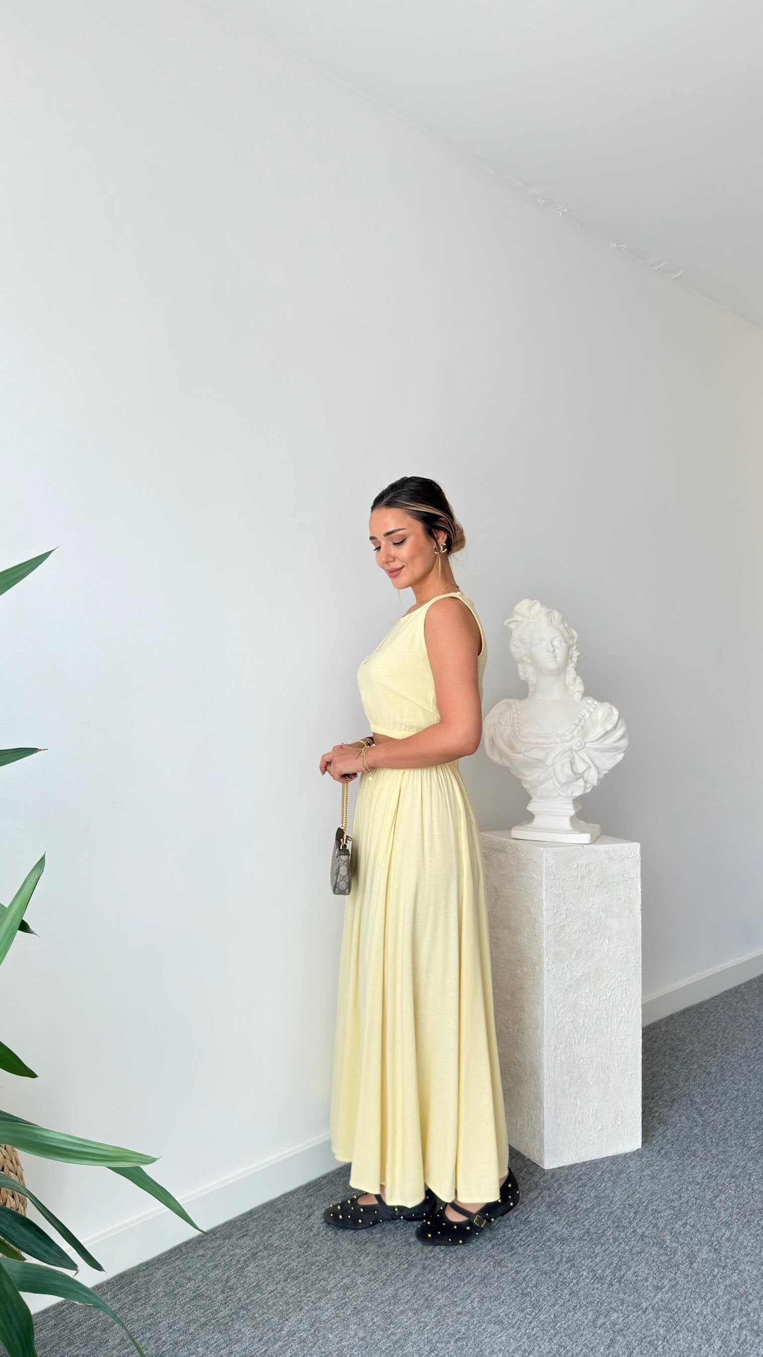 Yellow Linen Skirt Crop Suit