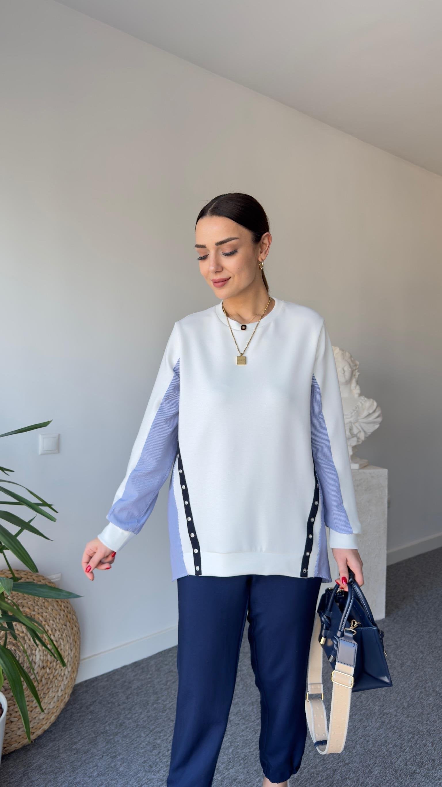 White Modal Sweater with Buttoned Back Poplin Detail