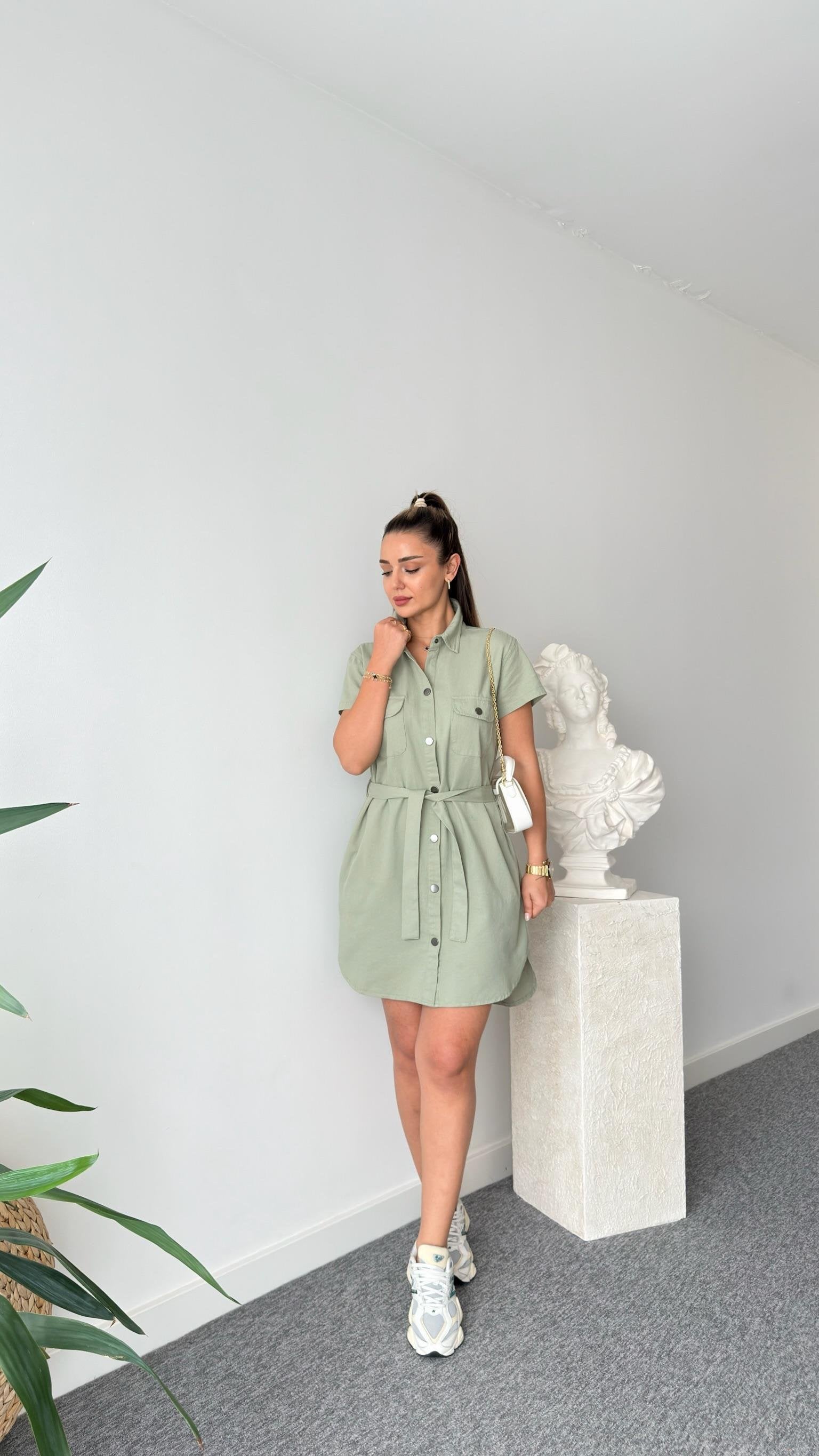 Khaki Heren Belted Gabardine Dress