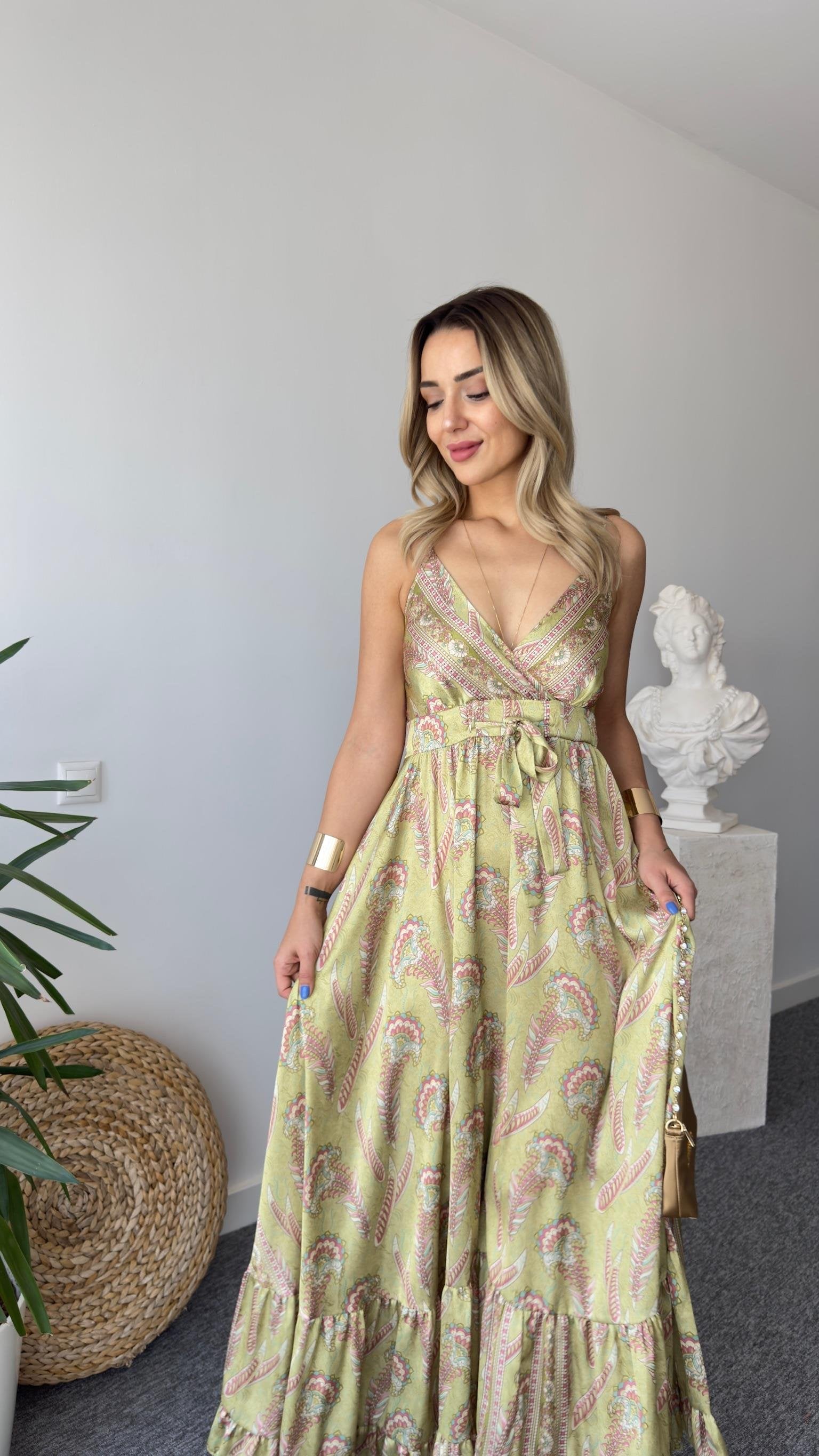 Green Ethnic Pattern Satin Premium Dress
