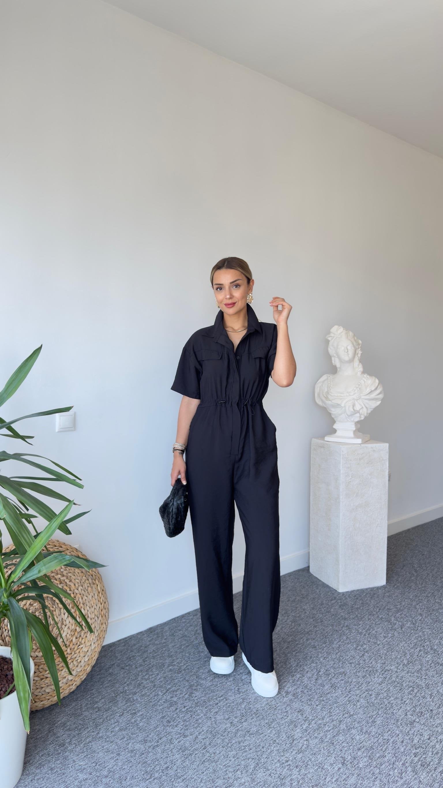 Esto Brand Model Waist Gathered Black Jumpsuit